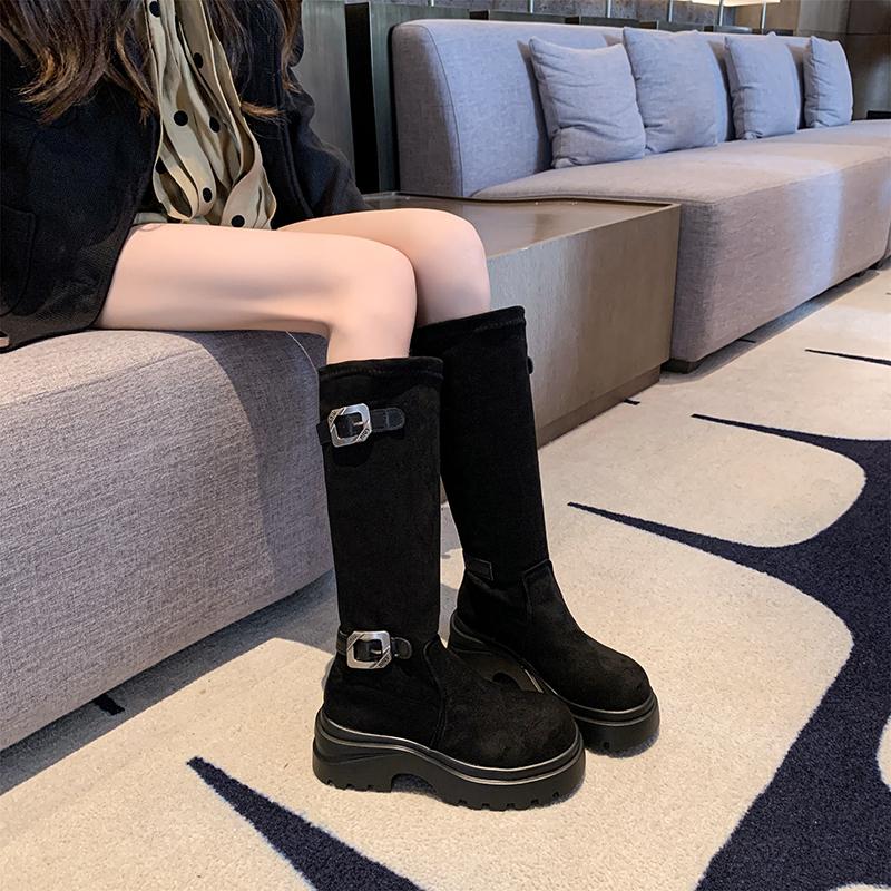 Fashion 2025 Women Stylish Mid-Calf Slouchy Boots Soft Comfortable Round Toe Design Buckle Latch Design Outdoor Casual Shoes