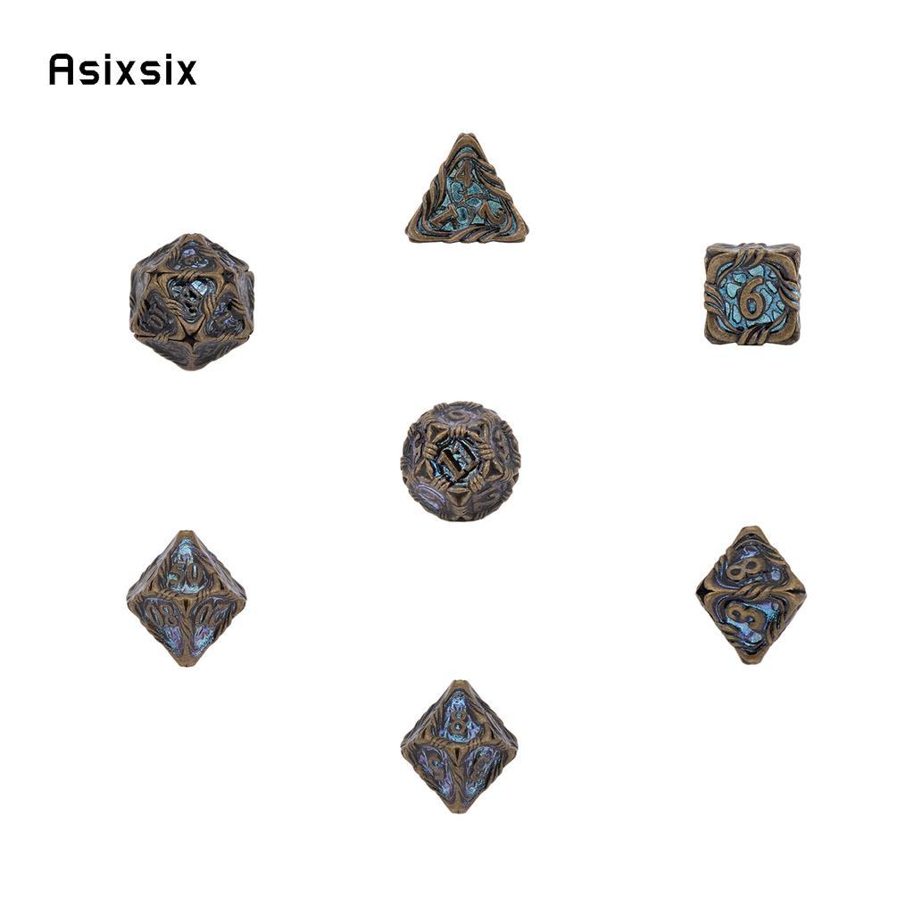 7 Pcs Yellow Blue Tree Vine Metal Dice Solid Metal Polyhedral Dice Set Suitable for Role-Playing RPG Board Game Dice RPG
