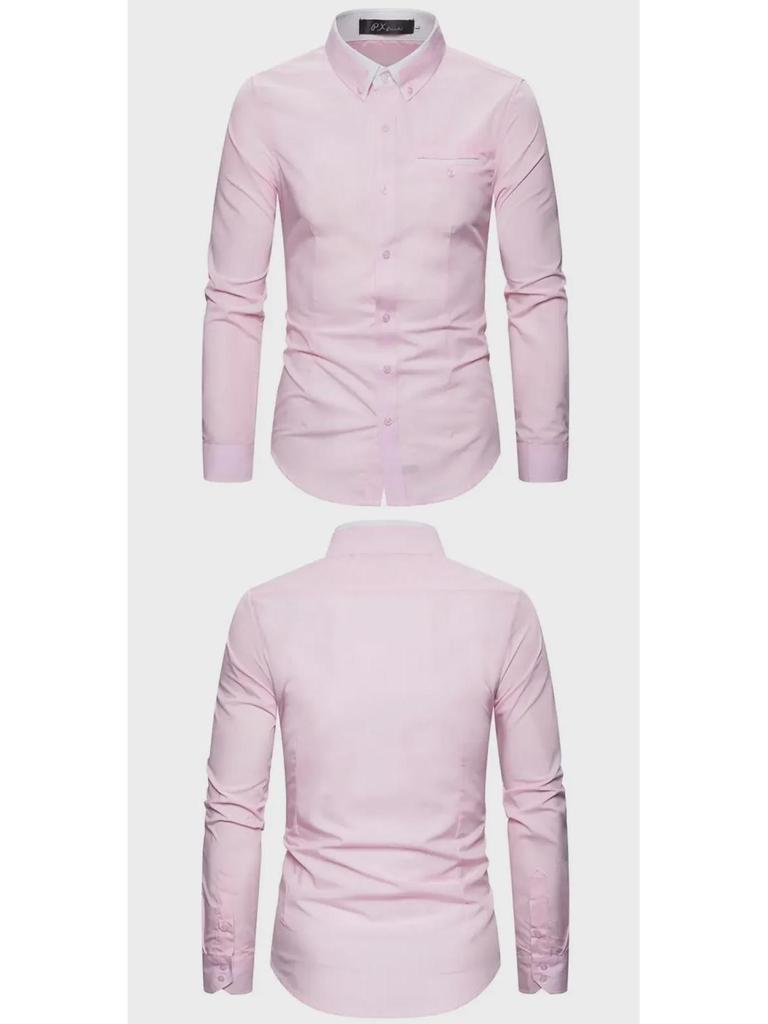 Men's Autumn Fashion Double Collar Solid Color Slim Fit Long Sleeve Shirt