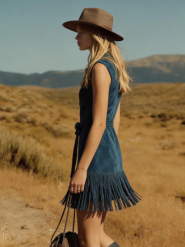 V-neck Faux Suede Lapel Tassel Dress with Zipper