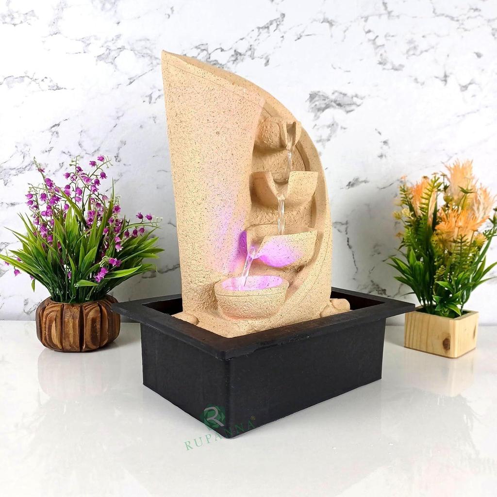 3 Step Curve Diya Table Top Water Fountain with LED RGB Light for Home Decor/Office/Gift/House Warming Gift/Marriage Gift (Biege Stone)