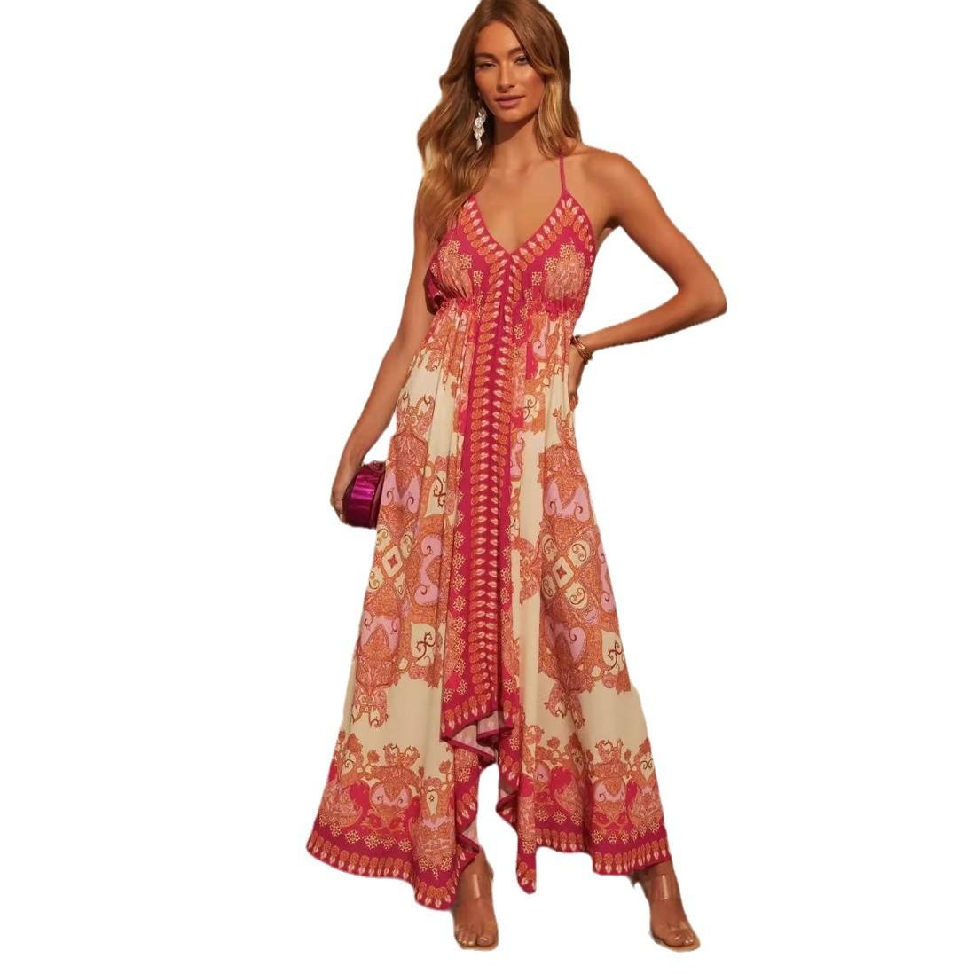 2026 European and American women s clothing summer new v-neck printed suspender dress women S