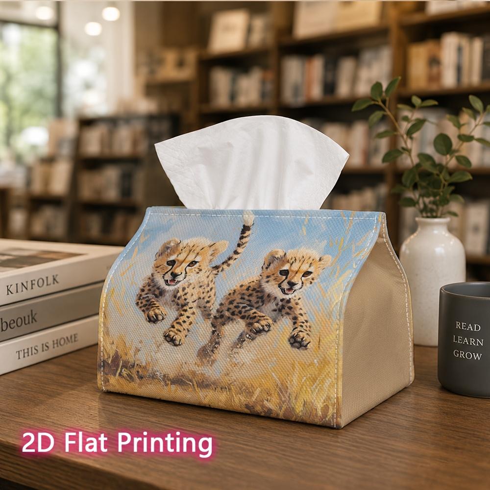 1pc, 2D Flat Printing, Tissue Box with Cheetah Cubs Action Pattern Printed Tissue Box, Suitable for Kitchen, Living Room, Bedroom, And Car, Fashionabl