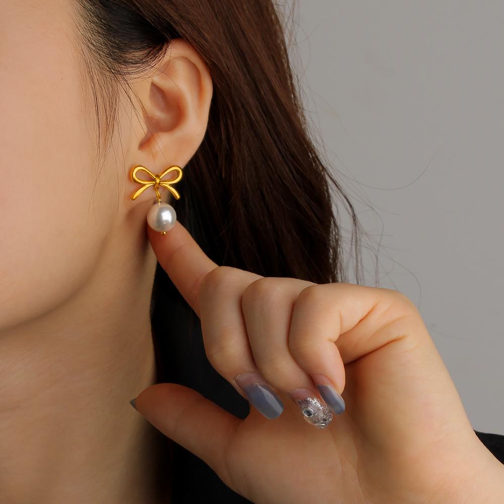 18K Bowknot Pearl Titanium Steel Earrings for Women - INS Simple Fashion Ear Studs