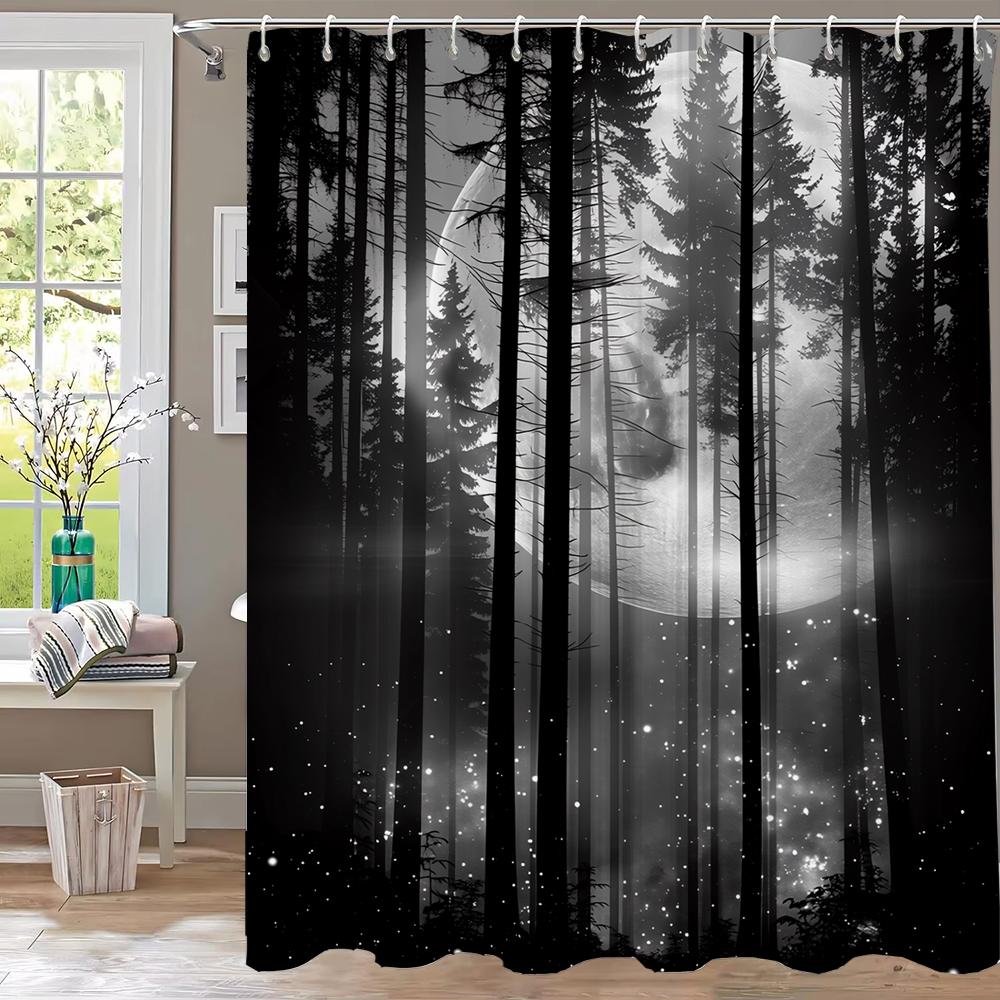 Mysterious Night Misty Forest Shower Curtain, Scenery Bathroom Curtain,Printed Polyester Home Decorative Curtain with Hooks