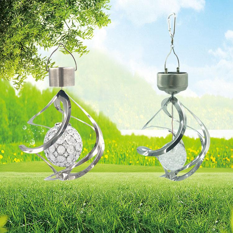 1Pc Outdoor Stainless Steel LED Solar Light Hollow Ball Acrylic Ball Rotating Chandelier Garden Landscape Light Waterproof