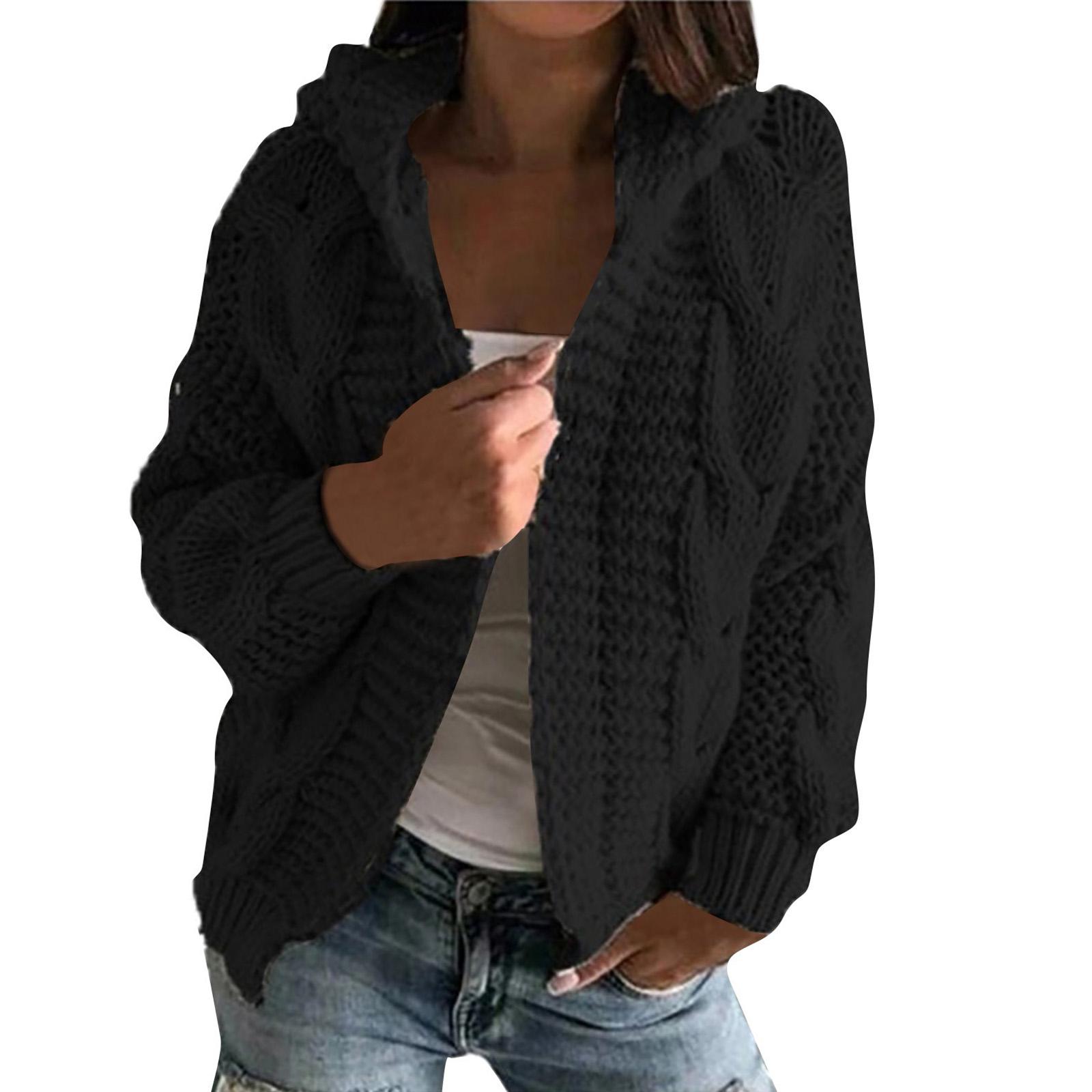 

Women s Autmn And Winter Hooded Jacket Solid Color Knitted Cardigan Sweater L чорний