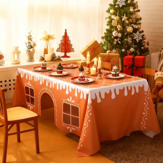 Yousheng Gingerbread House Christmas Tablecloth Reusable Rectangle Table Cover with Playful Cut-Out Windows Holiday Playhouse Table Tent for Kitchen