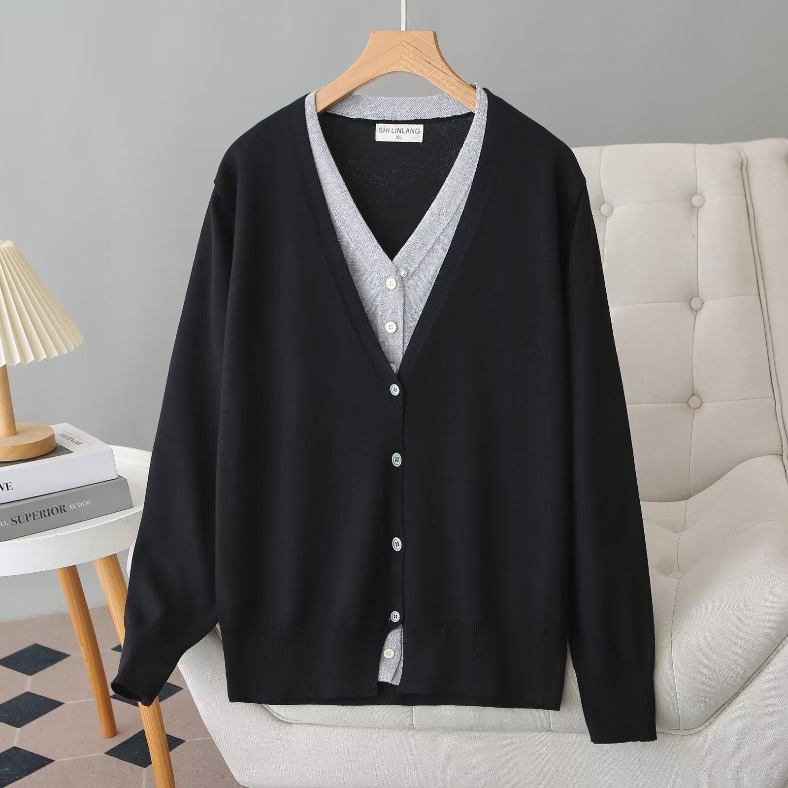 

2026 Spring Two-Piece V-Neck Color Block Cardigan: Long Sleeve, Single-Breasted, Plus Size, Loose Knit Sweater. XL чорний