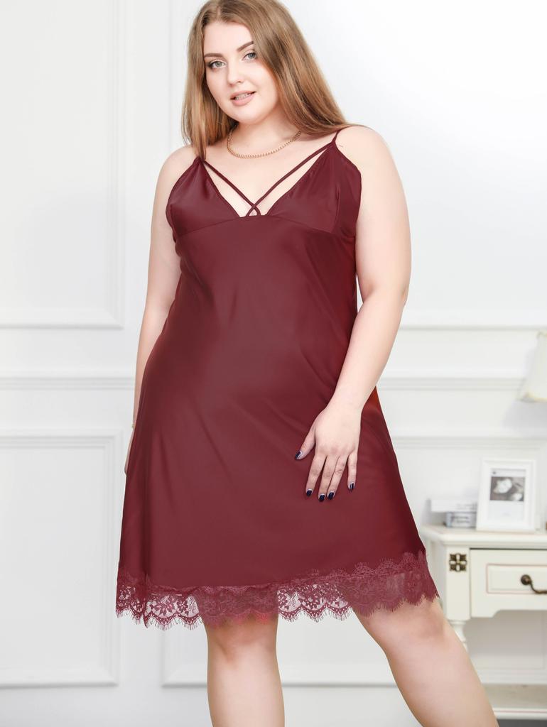 Plus Size Women V-Neck Backless Lingerie Dress Lace Hem Strap Casual Sleepwear Pajamas
