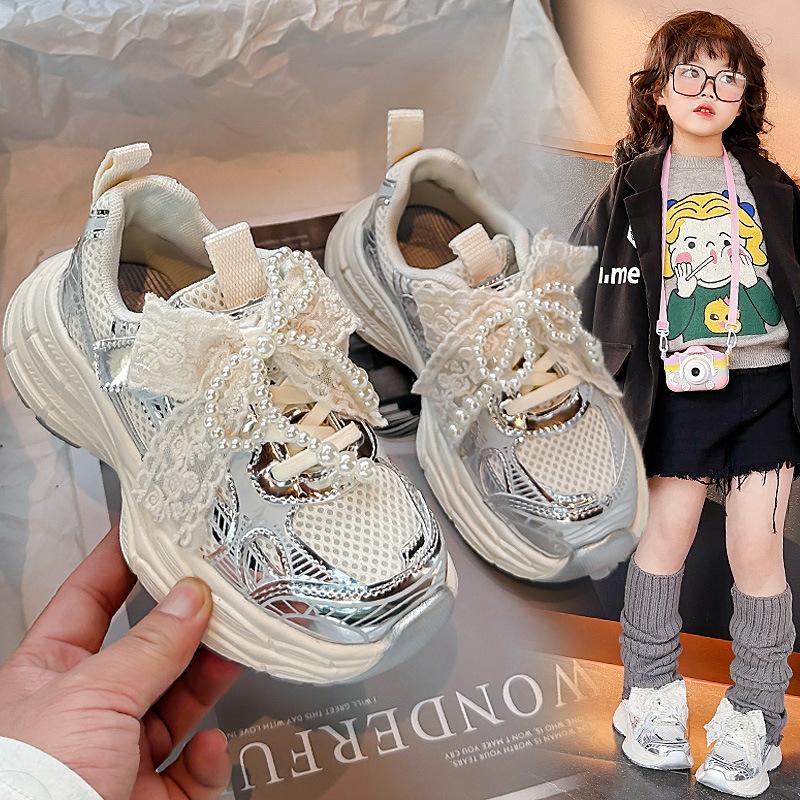 Cute Sneakers for girls2026New Spring/Summer Mesh Pearl Chinese Style Bowknot Dad Shoes Running Shoes