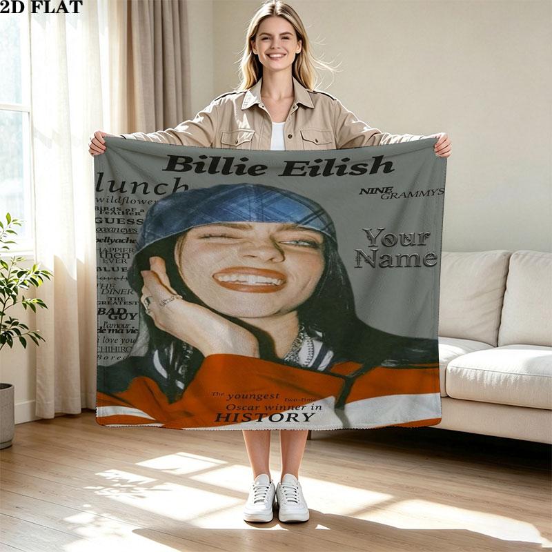 1PC Billie Eilish Custom Name Patterned Flannel Blanket Suitable For All Seasons for Home Decor Warmth and Comfort Gifts Holiday Present