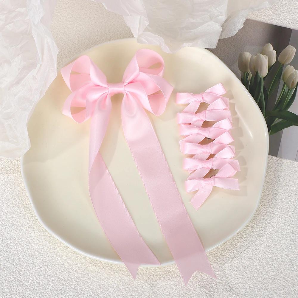 7 Stück/Set Elegante Lange Satinband Schleife Band Haarspange Solide Haarklammern Haarnadel Retro Stirnband Clips für Mädchen Haarschmuck