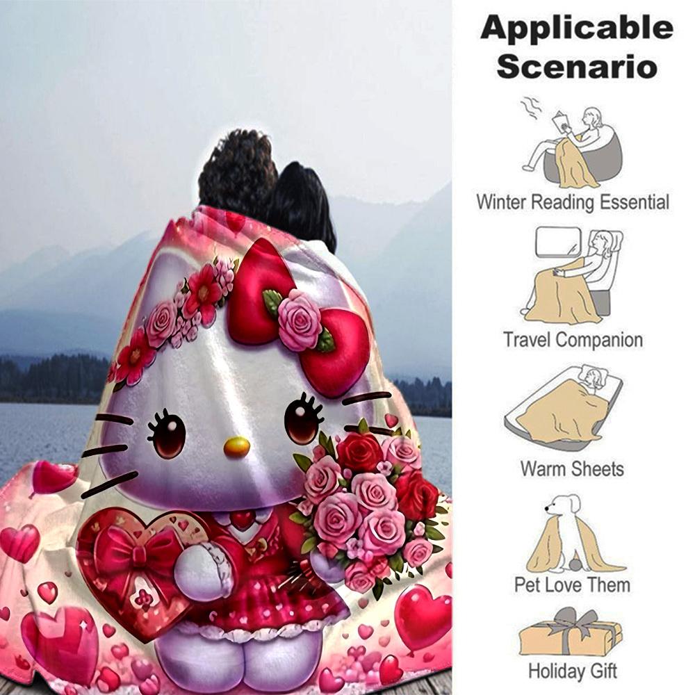 1pc Hello Kitty, Flowers blanket Lightweight Flannel Throw for Sofa Bed Travel Camping Livingroom Office Couch Chair
