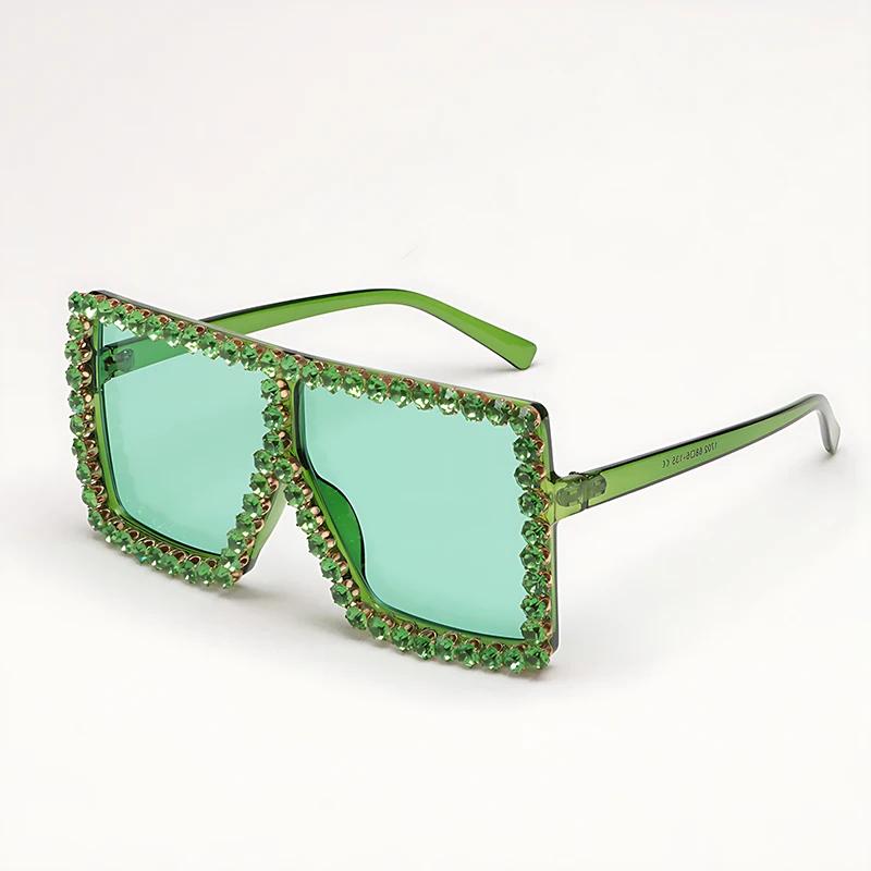 

2026 Fashion Luxury Brand Designer Rhinestone Sunglasses Women Vintage Diamond Square Shades Glasses Oversized Trendy Sunglasses зелений