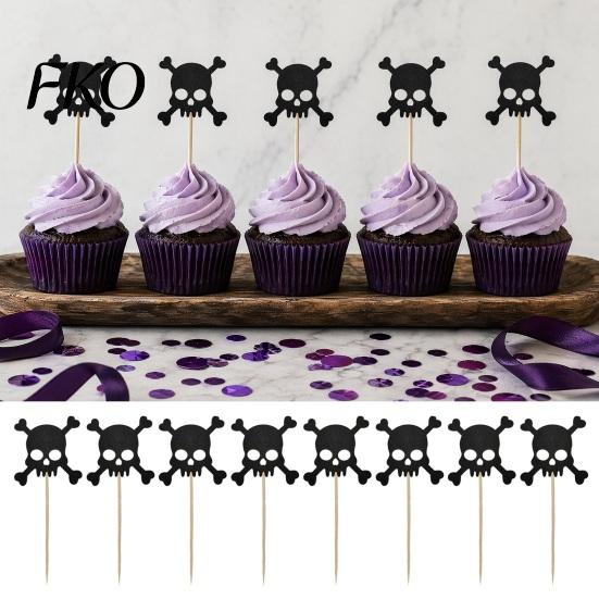 Halloween Baking Supplies 8 Pcs Glitter Cupcake Picks, Spooky Black Skull Durable Cake Topper Toppers, Gothic Birthday Party Decoration for