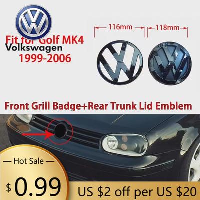 2026 Nové Pre VOLKSWAGEN VW Lesklá čierna Vhodné pre volkswagen Golf 4 MK4 1999-2006 Predný znak na mriežke 116 mm + Zadný znak na veku kufra 118 mm