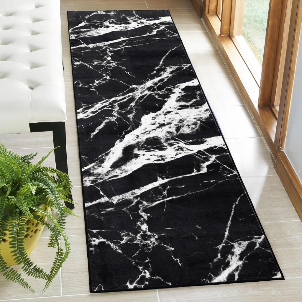 Modern Black White Marble Print Area Rug, Abstract Stone Pattern Non-Slip Floor Mat for Living Room Bedroom Home Decor Carpet