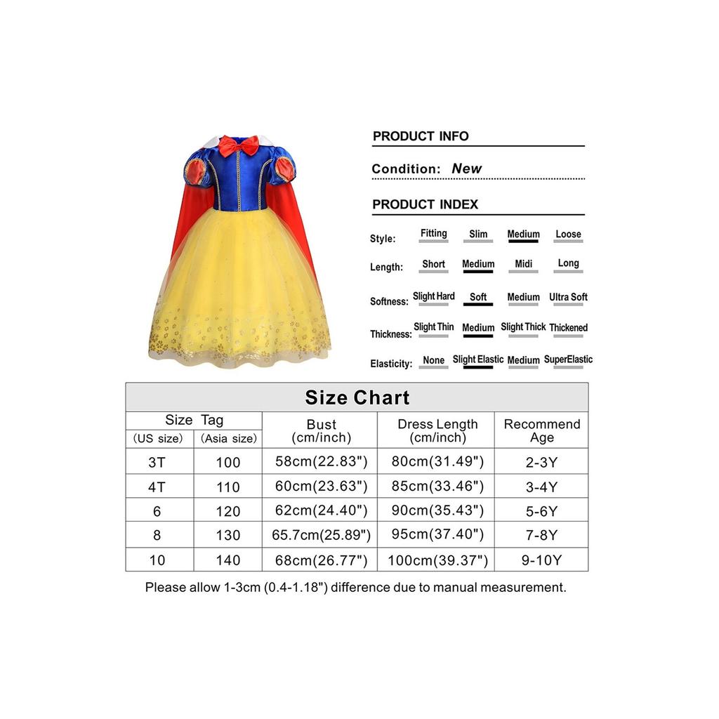 Snow White Princess Dress with Cape and Bow Accessory Yellow 2-3 Years Kids Costume