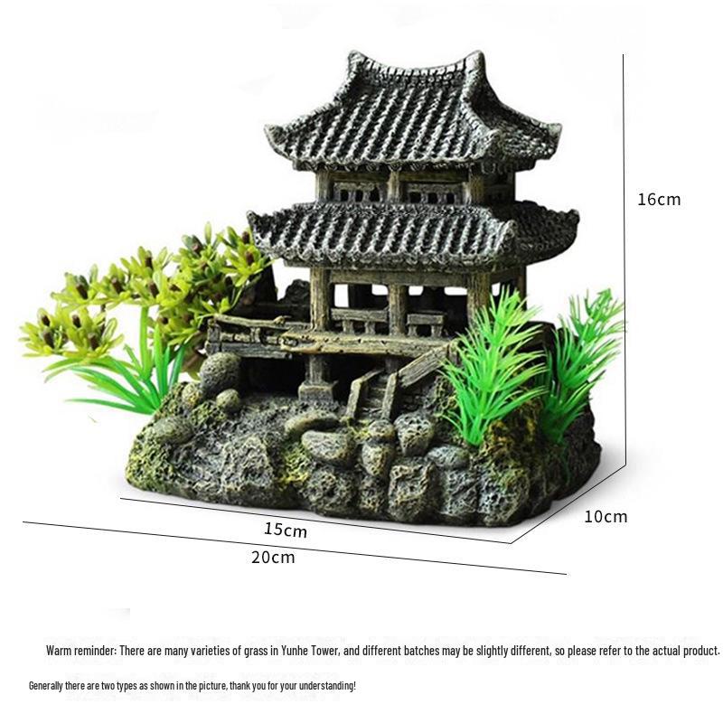 Jiangnan Water Town Fish Tank Landscape: Resin House & Yunhe Tower Aquarium Decor