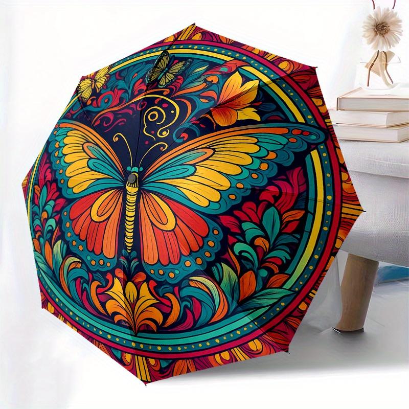 Automatic Open/Close 3-Fold Compact Umbrella with Color-Changing Butterfly Mandala Design - 8-Rib Windproof &, Automatic Open/