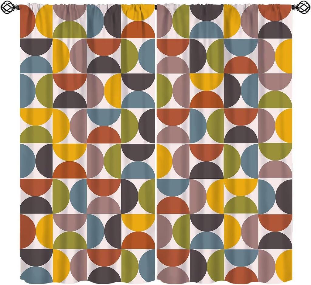 Mid-Century Vorhang, Gelb Vintage Abstrakt Boho Fensterdekoration Moderne Geometrische Kreise Kreisförmig Klassisch Retro 50er Jahre Bauernhaus