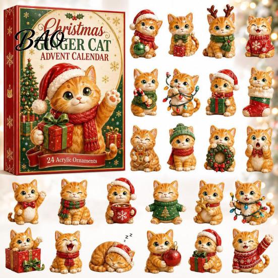 Cat Countdown Calendar Christmas Advent Calendar, 24 Day with Cute Ornaments, Festive Room Decor 2D Acrylic Kitty Holiday Decorations, Gift for Kids,