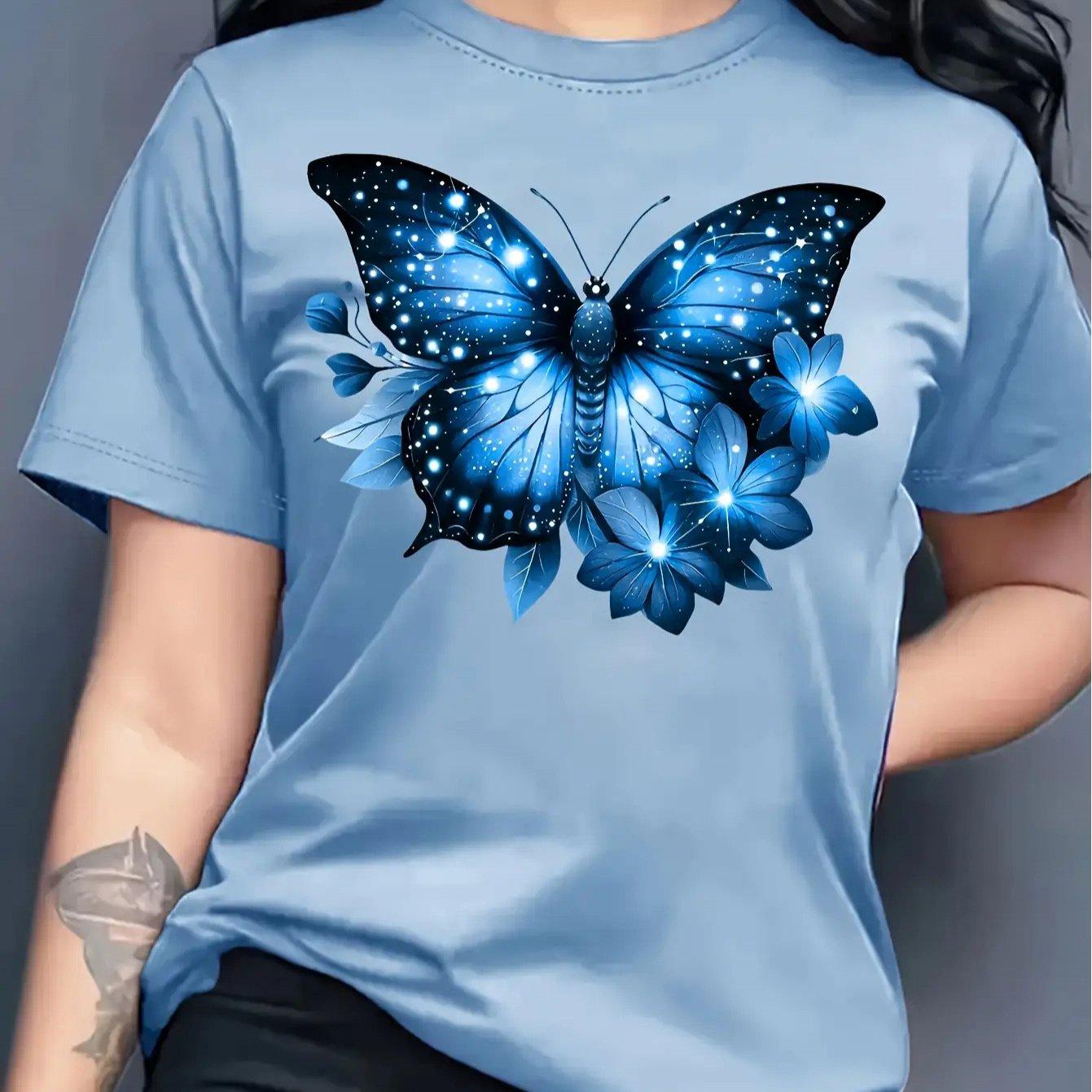 

Women s Butterfly Print Casual Round Neck Short Sleeve T-Shirt for Spring/Summer XXS