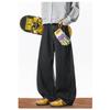 Men Black Structured Split Curved Blade American Retro Loose Straight Long Denim Jeans