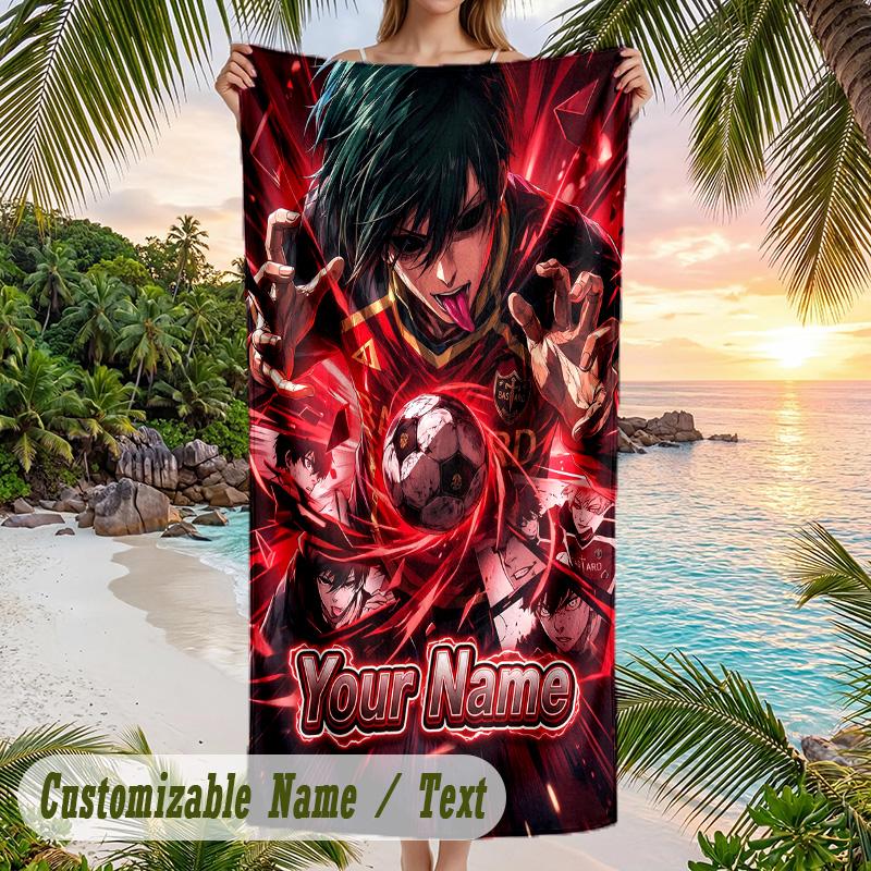 Blue Lock Beach Towel, Personalized Custom Name Text, Quick Dry Large Absorbent Towel For Beach Pool