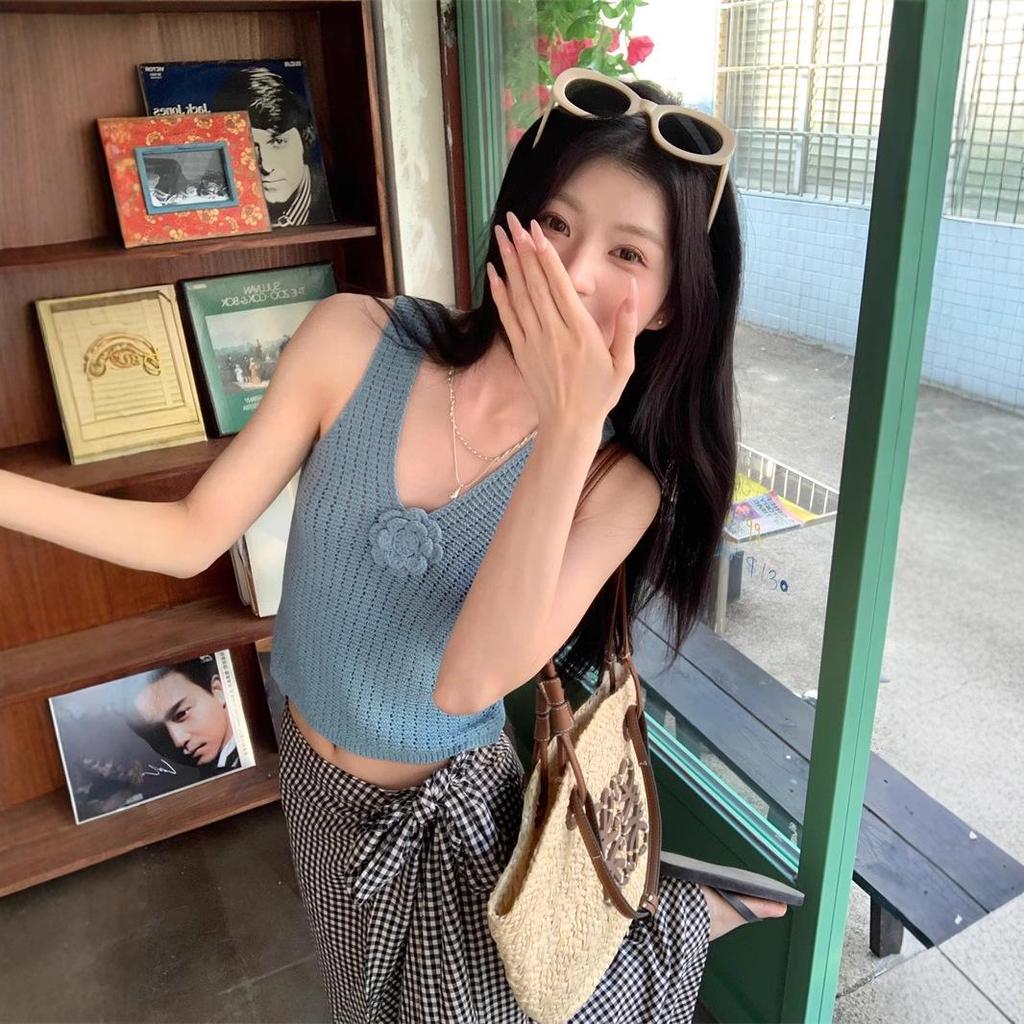 3D Kwiatowy Dekolt w Serek Dzianinowy Bez Rękawów Niebieski Top Tank - Damski Wyszczuplający Letni Design