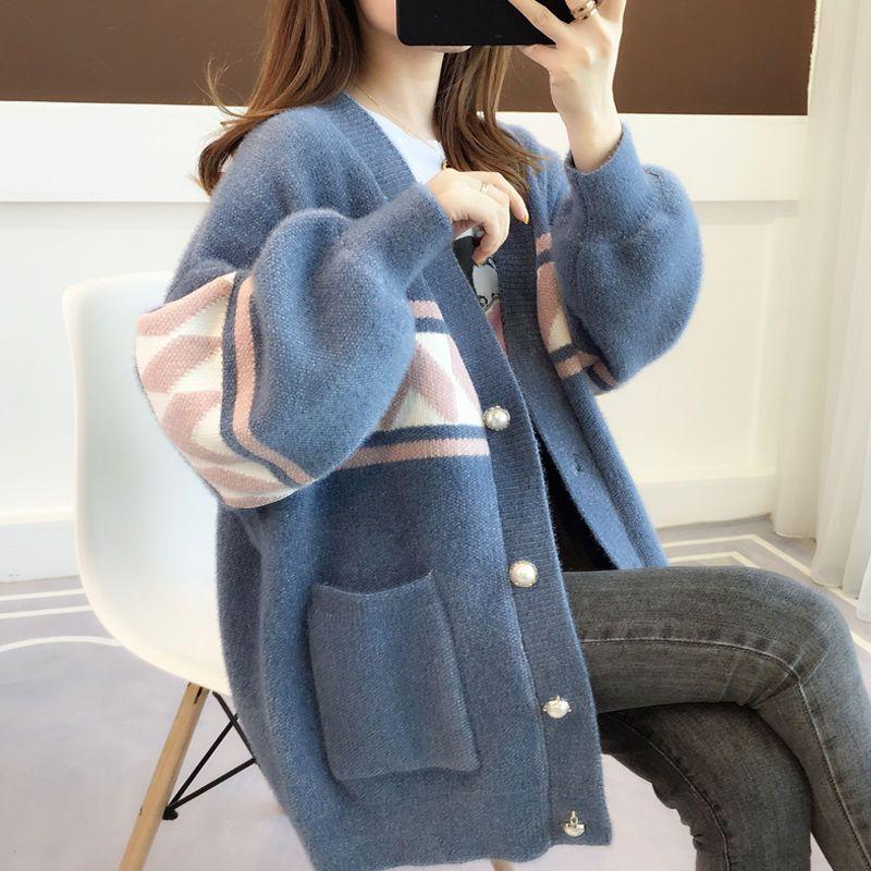 Autumn Winter Knitted Leopard Sweaters Women Korean V Neck Thick Print Cardigan Coat Loose Button Outwear