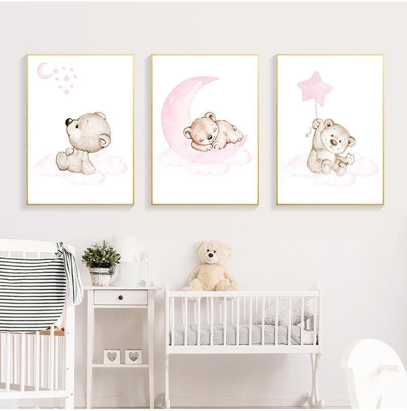 Pink Bear Moon Star Child Nursery Print Cartoon Animal Wall Art Canvas Painting Nordic Kid Baby Room Decoration Picture No Frame