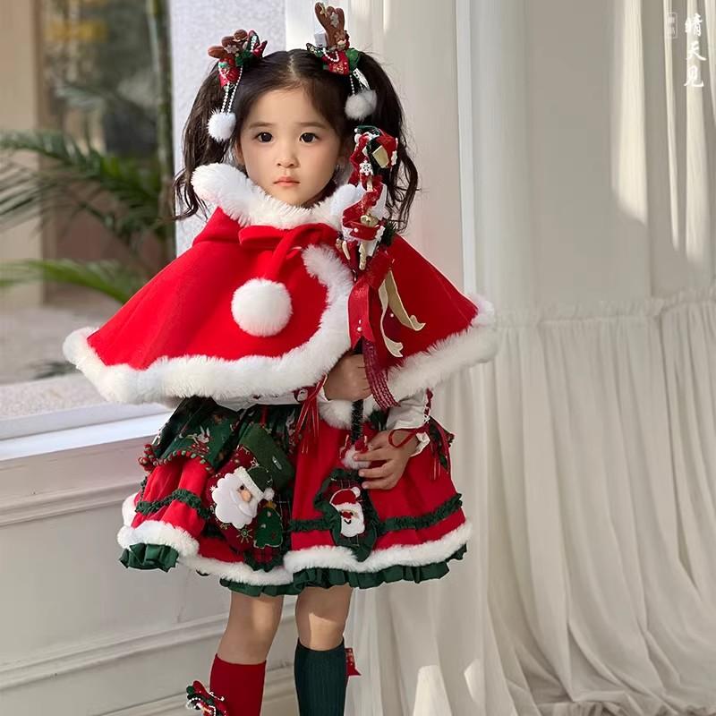 Robe de Noël Automne Hiver pour Enfants Princesse Mignonne Élan Robe Lolita Pour Filles Fête de Vacances Cadeau Vêtements Avec Accessoires Chapeau 130cm red