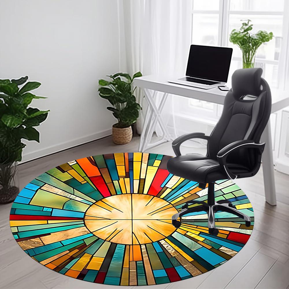 1pc Stained Glass Sunburst Office Round Area Rug, Indoor Mat Suitable ForOffice, Under Office Chairs Bedroom Living Room Home Decor, Room Deco D058