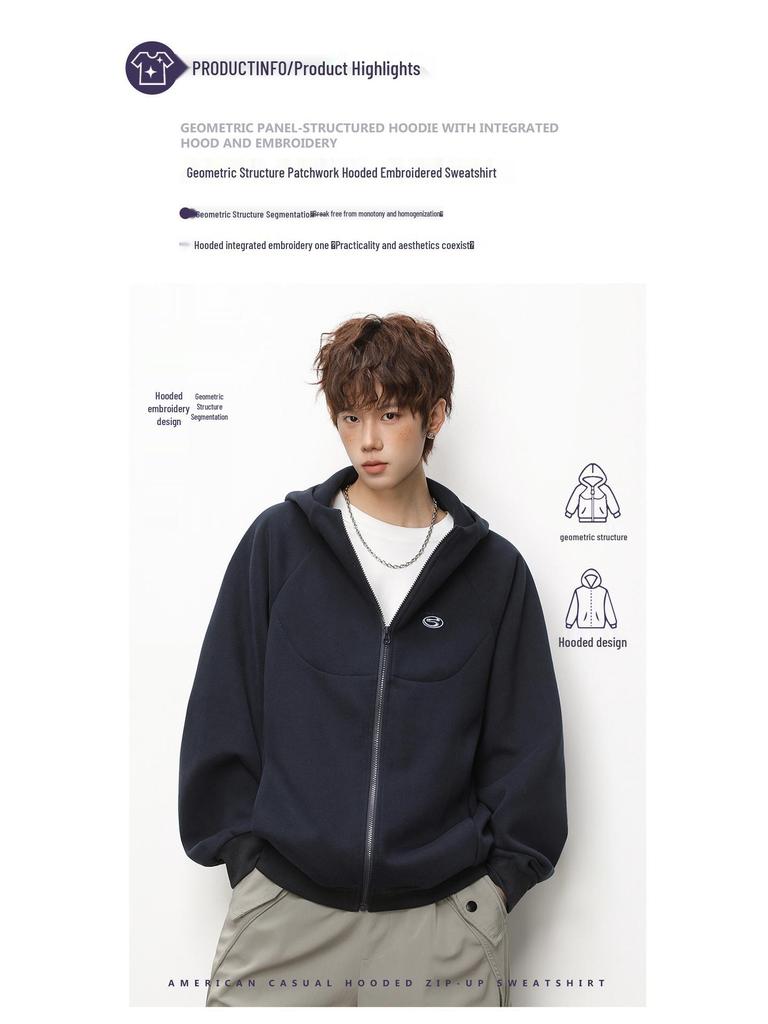 Men's Heavyweight Retro Color Block Embroidered Cardigan Hoodie Jacket