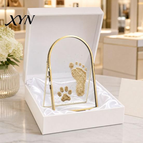Nursery Decor Gift Baby Pet Keepsake Frame, DIY Sea Sand Newborn Hand Footprint Kit, Paw Print Craft Kit Metal Pressed Picture Floating Cat