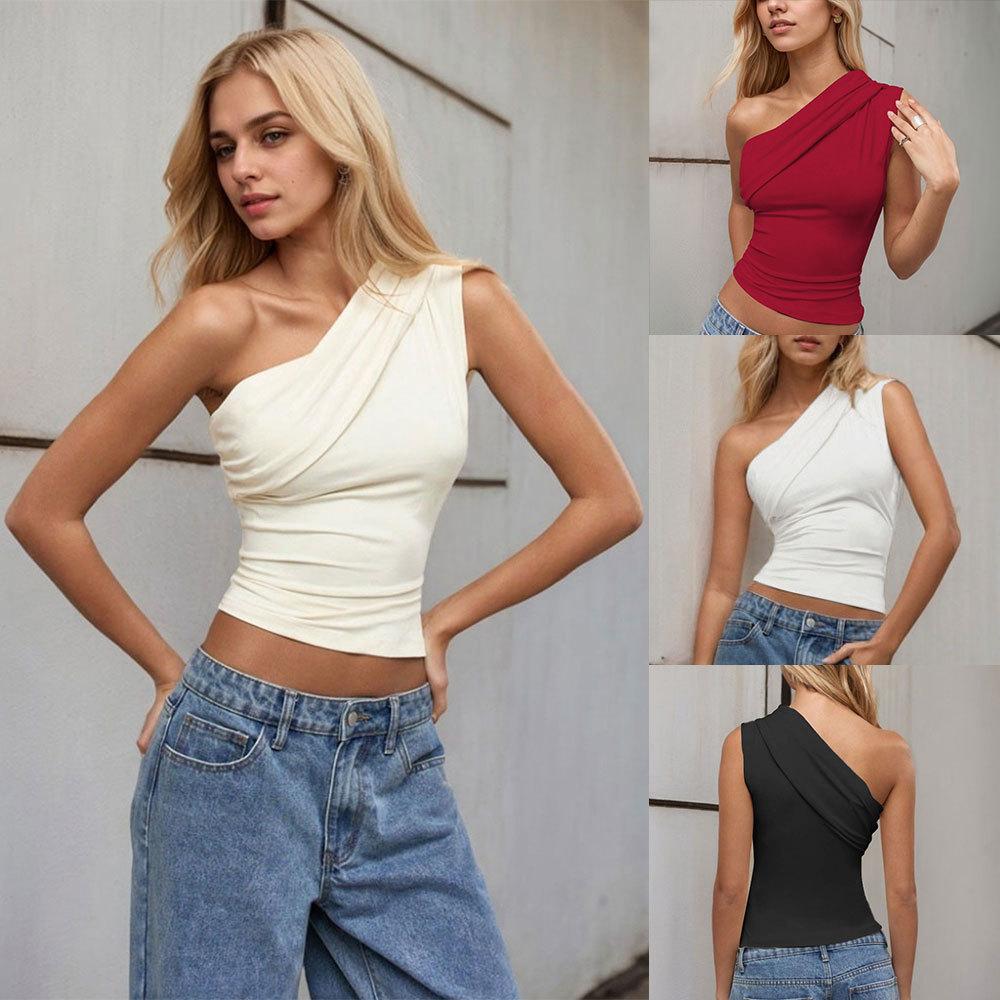 Women's Spring and Summer Slant Collar Strapless Pure Desire Sexy One-shoulder T-shirt