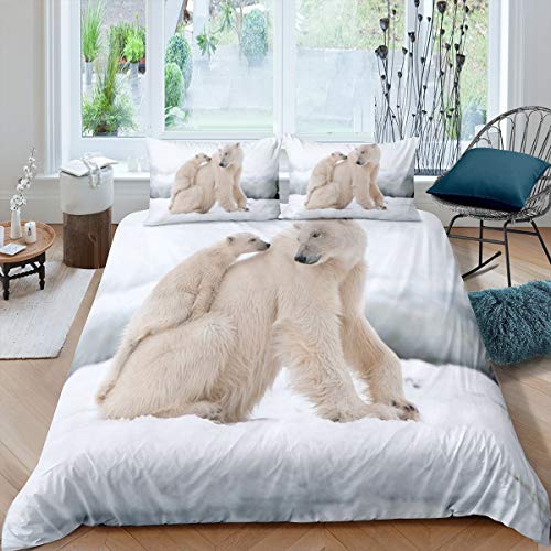 Bear Pattern Bedding Set Polar Bear Duvet Cover for Child Adult,White Bear Snow Mountain Sunset Soft Microfiber Comforter Cover