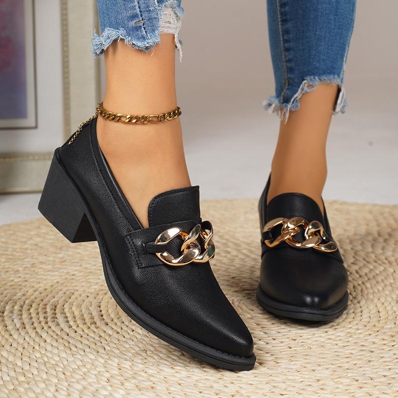 Metal Chain Block Heel Single Shoes Fashion Pointed Toe Deep Mouth Slip-On Heels