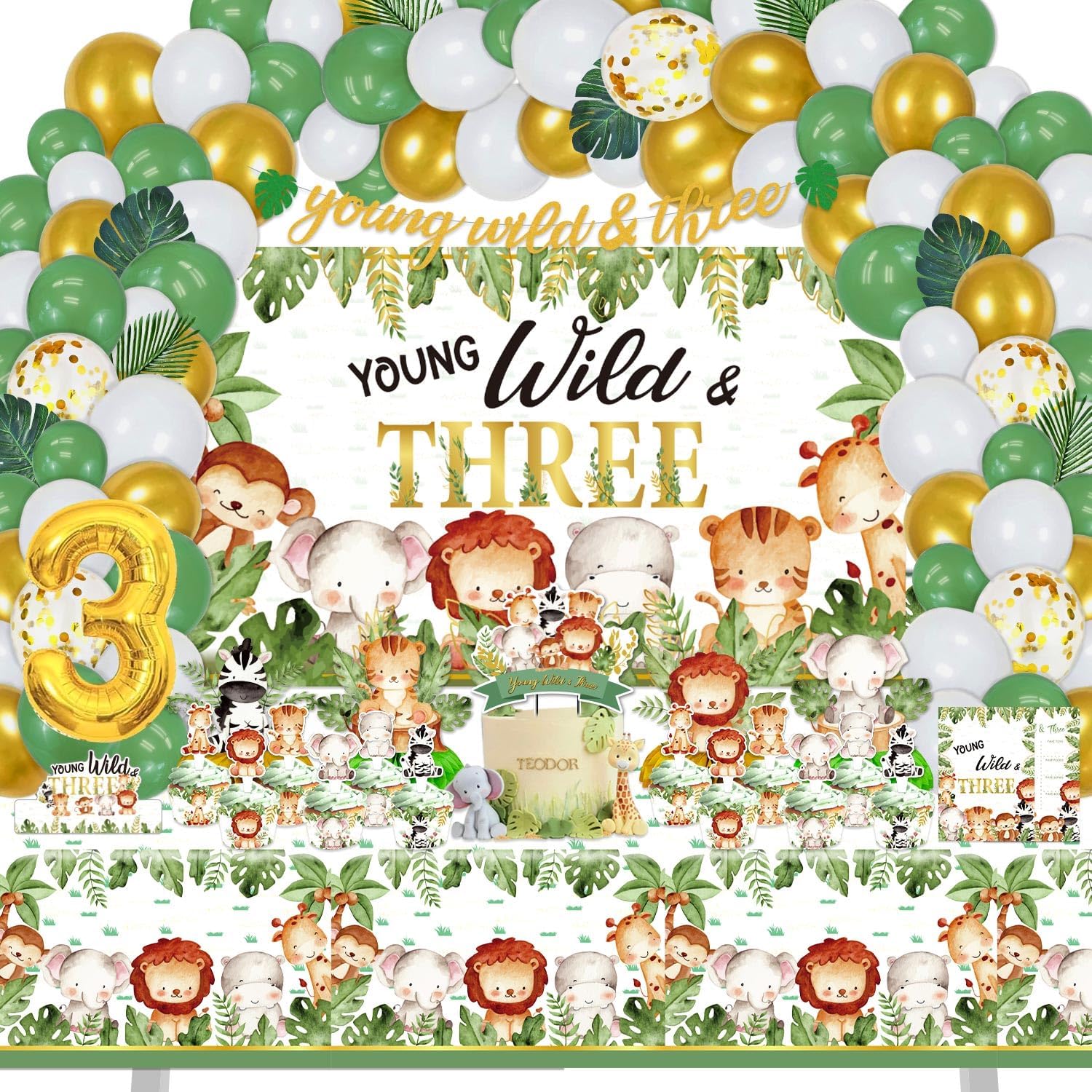 Young Wild and Three Birthday Decorations for Boys Girls, 157 Pcs Jungle Safari Theme Party supplies for Baby - Young Wild & Three Backdrop, Cake,