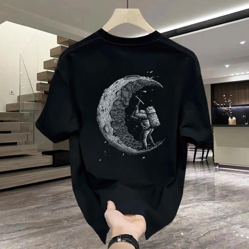 Casual Astronaut Moon Print Crew Neck Short Sleeve Loose Cotton T Shirt For Men S