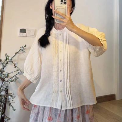 Summer Shirts Casual Vintage Ruffles Collar Simple Loose Solid Color Pleated All Match Women Blouses
