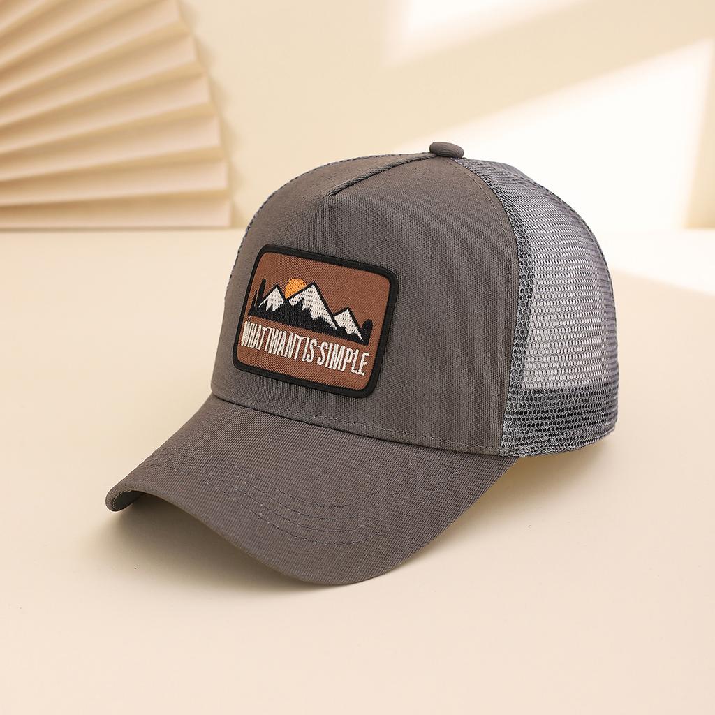 Fashionable Summer Hollow Out Mesh Baseball Cap with Embroidered Sunset Mountain Design, Outdoor Sun Protection Snapback Hat