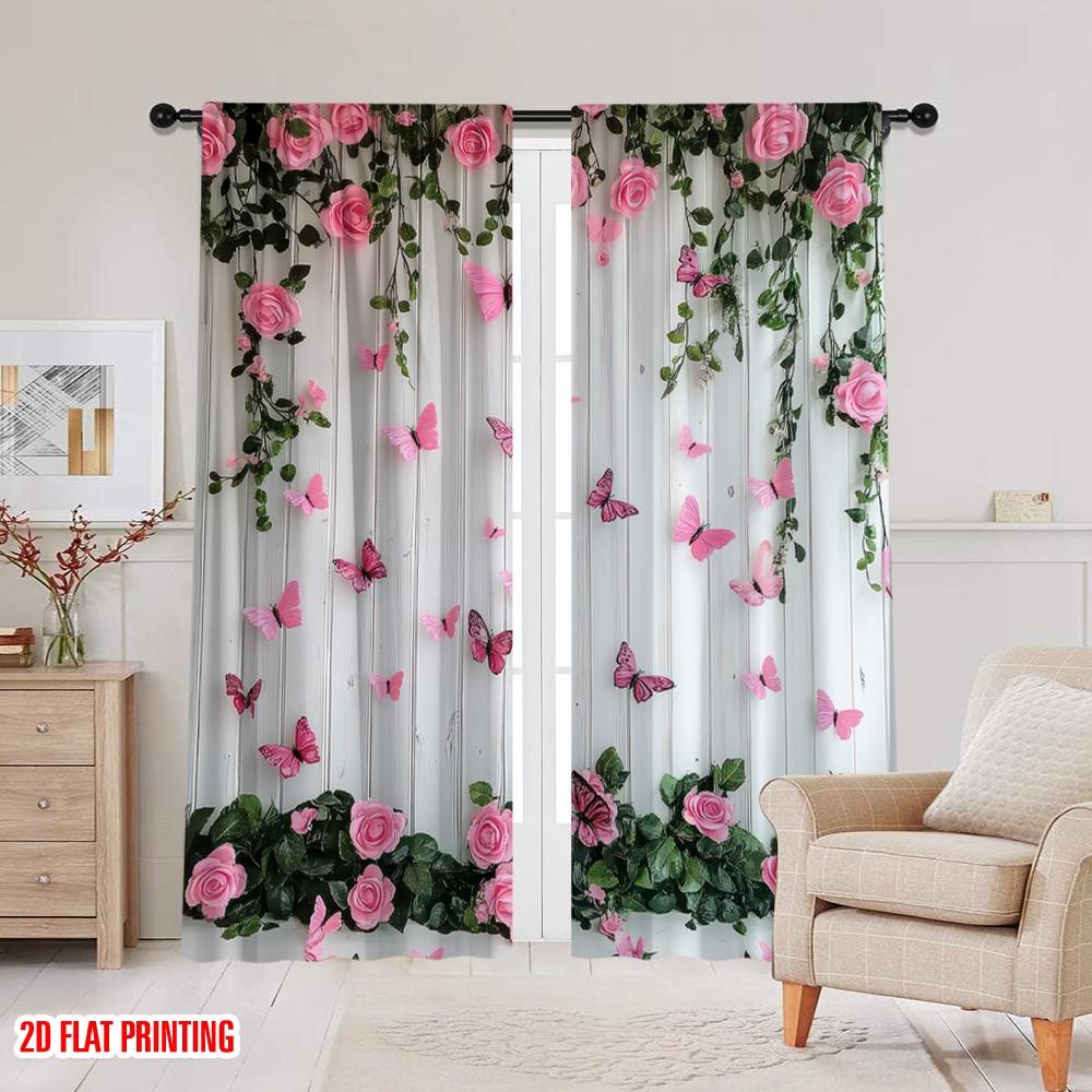 Set Of 2 Flat Printing Curtains Butterfly Pink Rose Versatile Durable Polyester Without Electricity Party Decorations Curtain