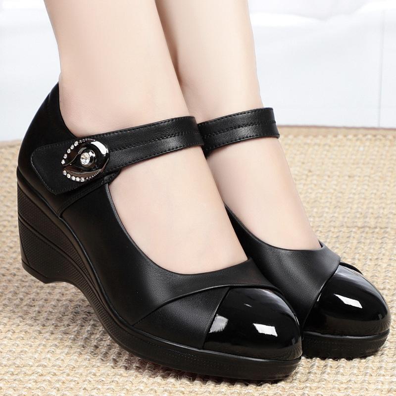 Soft Leather High Heels Luxury Chunky Heel Women Single Shoes Black Ankle Strap Work Office Ladies Shoes Pumps Comfort Mom Shoes