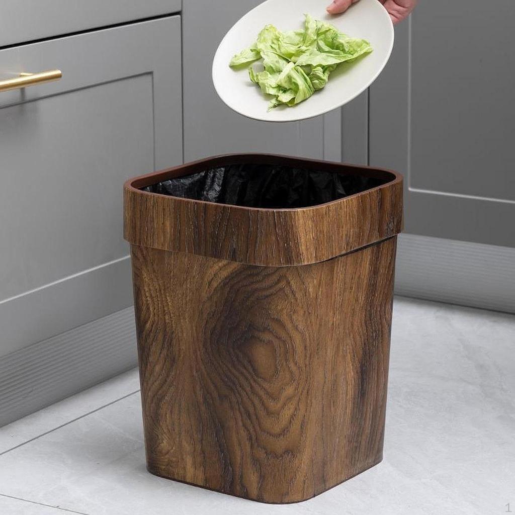 Imitation Wood Grain Trash Can Garbage Basket Anti Skid Decorative Large Waste Bin Container