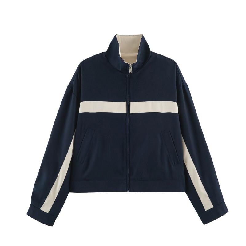 Womens Oversized Color-Block Zip-Up Stand Collar