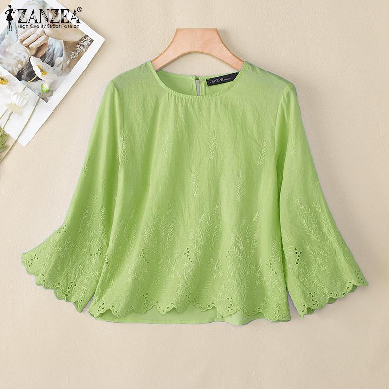 ZANZEA Bluză de damă casual cu broderie, dantelă patchwork, largă, cu gât rotund și mâneci 3/4