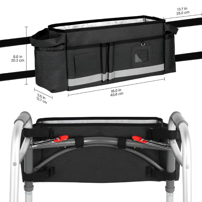 Mobility Walker Tote Bag with Large Storage Folding Design Cup Holder Organizer for Elderly Assistance